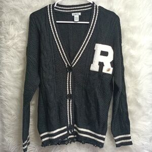 Distressed Oversized Button Down Long Sleeve Letter Football Sweater
